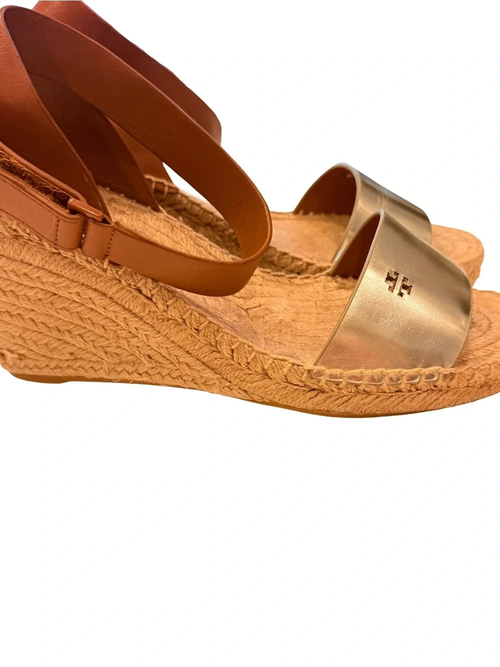 Tory Burch Bima 2 Espadrilles Wedge Sandals Metallic & Tan Leather Sz 9